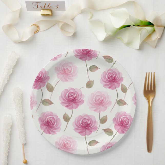 Prato de Papel com Elegante Padrão de Rosa em Aqua (Casamento)