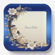Prato de Papel com Enfeite Floral Azul Branco
