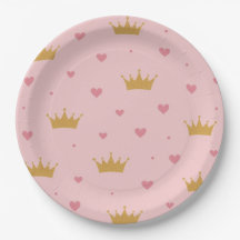 Prato de Papel com Estampa de Princesa Rosa e Dour