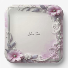 Prato de Papel com Moldura Floral Rosa