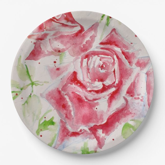 Prato de Papel com Padrão de Flores de Rosa Vermel (Frente)