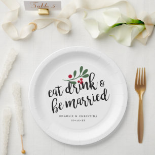 Prato De Papel Coma Bebida Feriada e Case-se com Berries de Natal