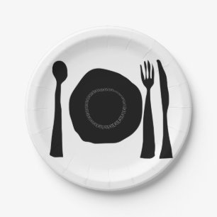 Prato De Papel Coma Prata Preta e Branca e Utensílios