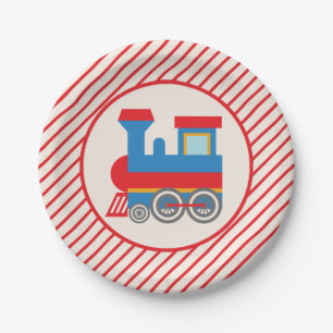 Prato De Papel Comboio Vermelho e Azul Retroativo