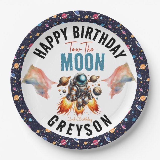 Prato De Papel comece com o espaço segundo aniversário da lua (Frente)
