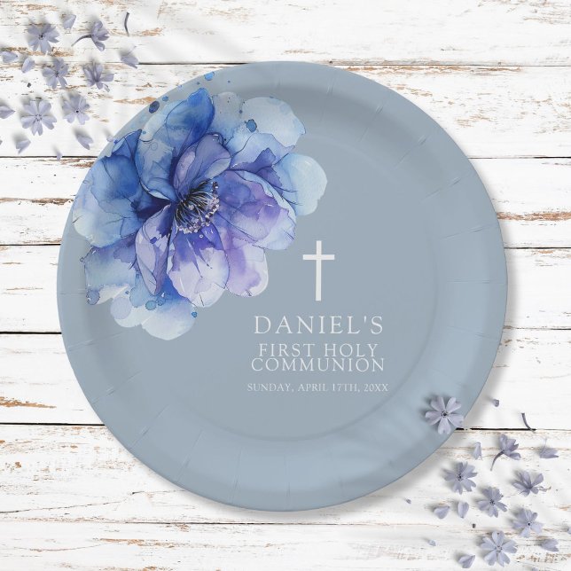 Prato De Papel Comunhão Azul Elegante Floral em Aquarela (Blue Elegant Watercolor Floral Holy Communion Paper Plates)