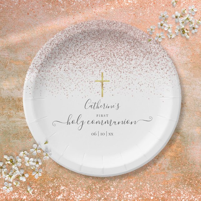 Prato De Papel Comunhão Solene Moderno em Brilho de Rosa Dourado (Modern Rose Gold Glitter First Holy Communion Paper Plates)