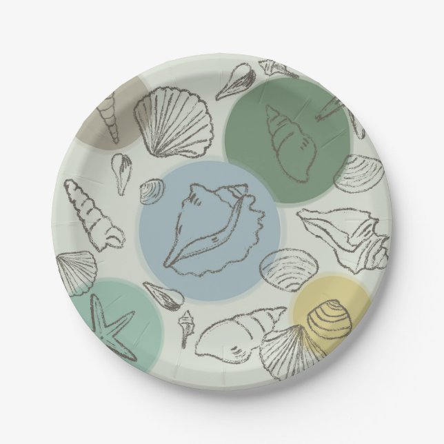 Prato De Papel Conchas tropicais na praia (Frente)