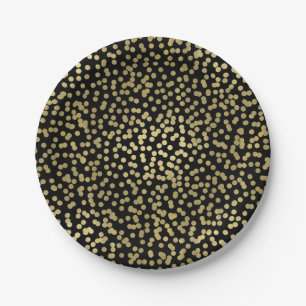 Prato De Papel Confetes de Pontos Preto e Dourado Glam Elegante