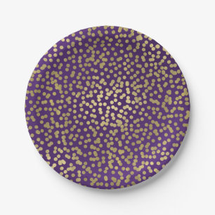 Prato De Papel Confetes de Pontos Roxo e Dourado Glam Elegante