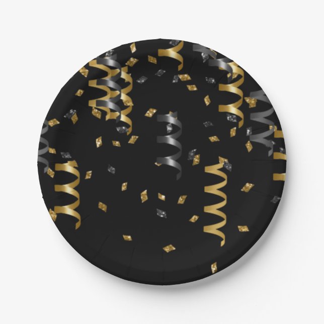 Prato De Papel Confetti Black Dourado Celebration Modern Chic Fun (Frente)