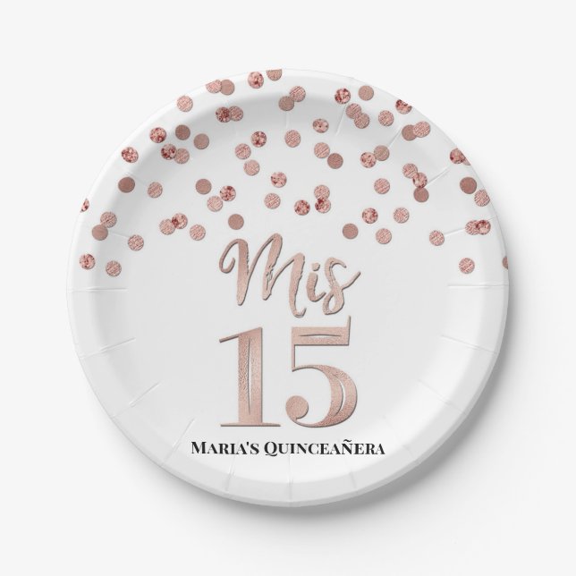 Prato De Papel Confetti Dourado Rosa Mis 15 Quinceanera (Frente)