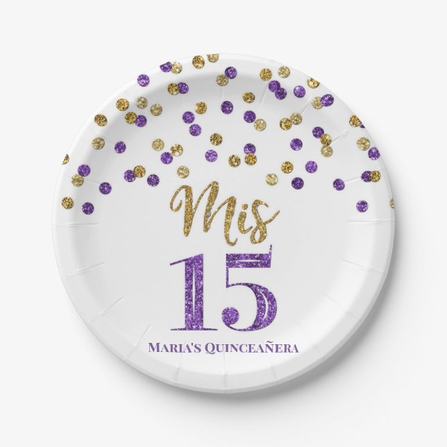Prato De Papel Confetti Dourado Roxo Mis 15 Quinceanera (Frente)