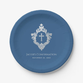 Prato De Papel Confirmação Menino Azul Clássico Cruz Crest Vintag