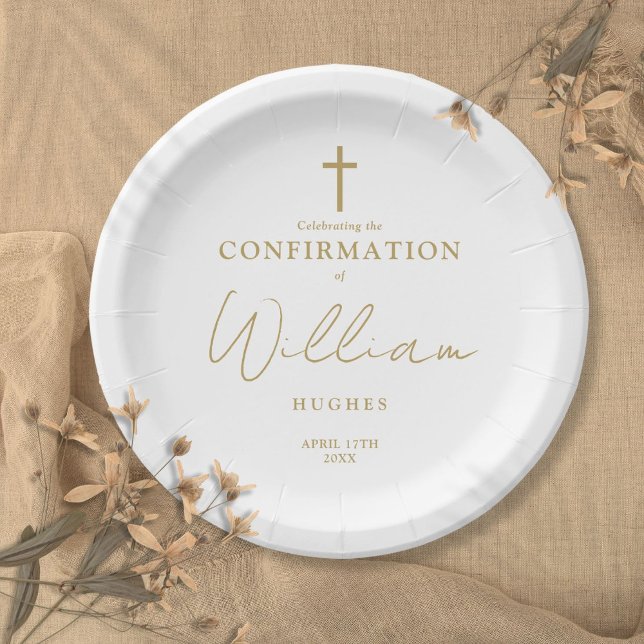 Prato De Papel Confirmação Minimalista em Dourado Elegante (Elegant Gold Minimalist Confirmation Paper Plates)