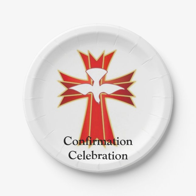 Prato De Papel Confirmação Trendy Red Yellow Fire and Dove Cross (Frente)
