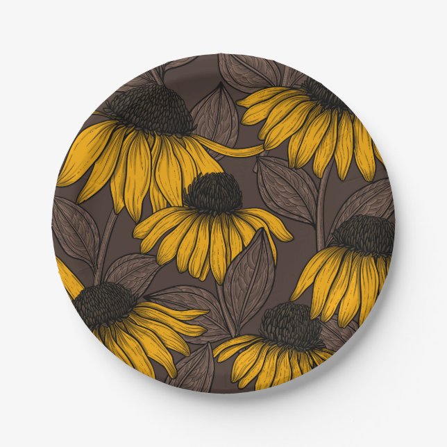 Prato De Papel Confluentes amarelos em castanho escuro (Frente)