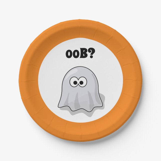 Prato De Papel Confused Ghost Says "Oob?" Funny Halloween Cartoon (Frente)