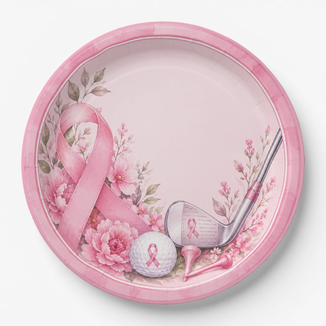 Prato De Papel Conscientização do Câncer de Mama com Laço Rosa  (Frente)