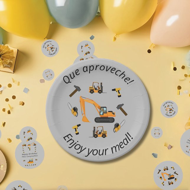 Prato De Papel Construção de cinzas - O Menino de Aniversário Bil (Bilingual gray paper plates for construction themed bday party, Spanish. Multilingual Project)