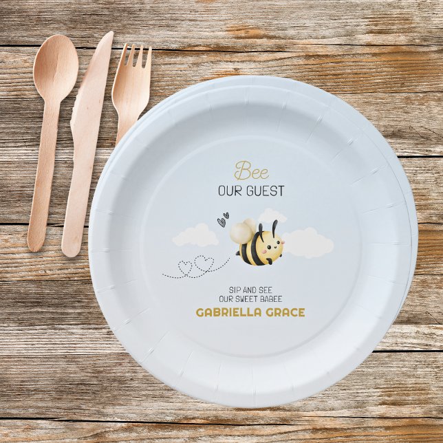 Prato de Papel Convidados para Chá de Bebê Abelha (Bee Theme Sip and See Paper Plates)