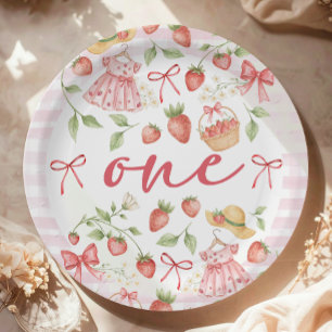 Prato De Papel Convite de 1º Aniversário Morango 1ª Baga Doce