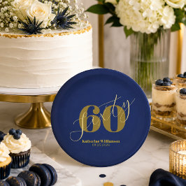 Prato De Papel Convite de 60 Anos Azul e Dourado Elegante
