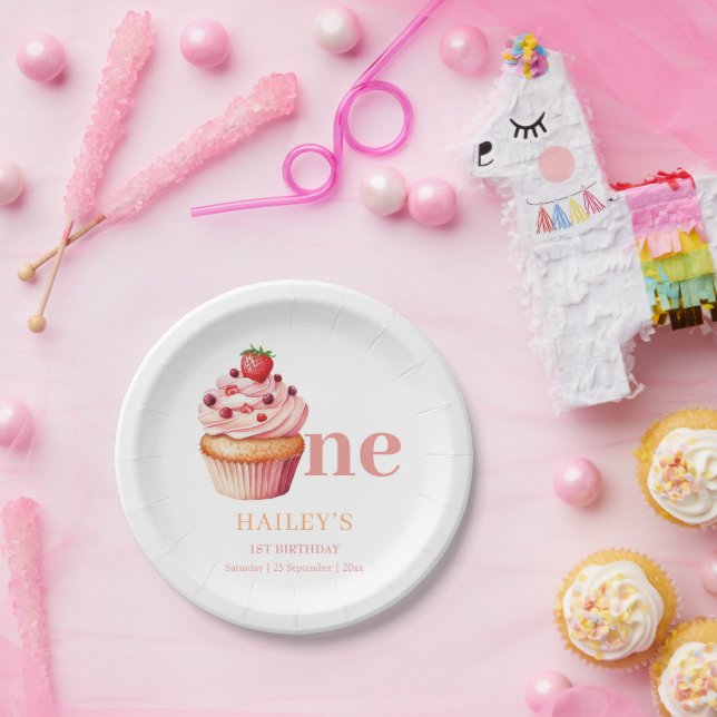 Prato De Papel Convite de Aniversário de Cupcake,  1º Aniversário (Festa)