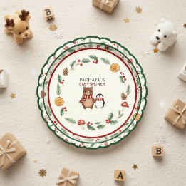 Prato De Papel Convite de Chá de Bebê Oh Boy Woodland Winter Pape