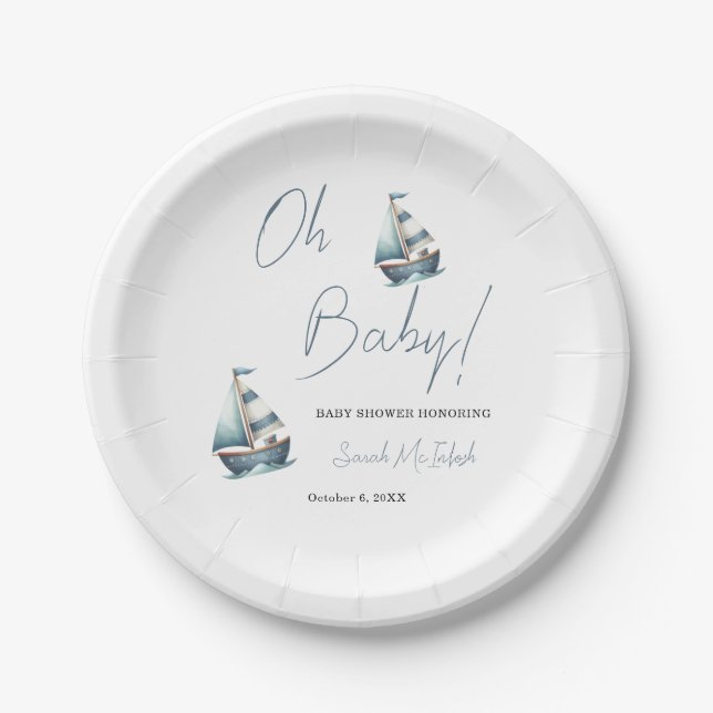 Prato De Papel Convite para Chá de fraldas de veleiro náutico (Frente)
