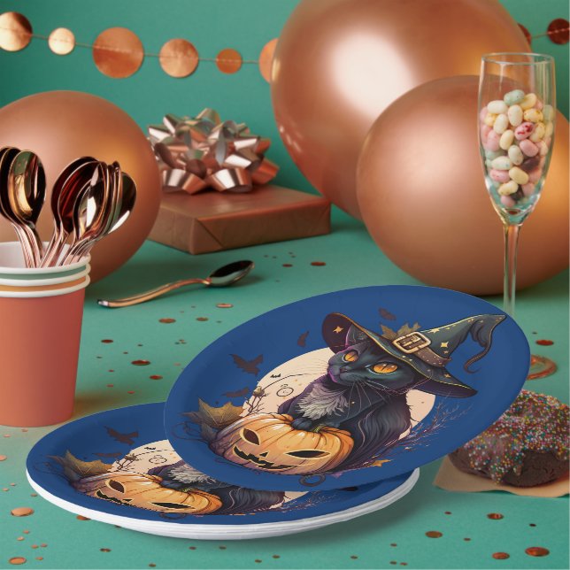 Prato De Papel Convite para Festa de Halloween de Gato Negro Boni (Múltiplo)