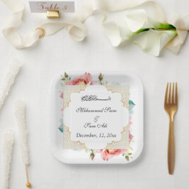 Prato De Papel Convocação Muçulmana Nikah, Floral Rosa Moderna