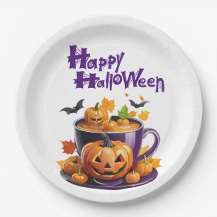 Prato De Papel Copo de Chá de Halloween Jack-O-Lantern Brew