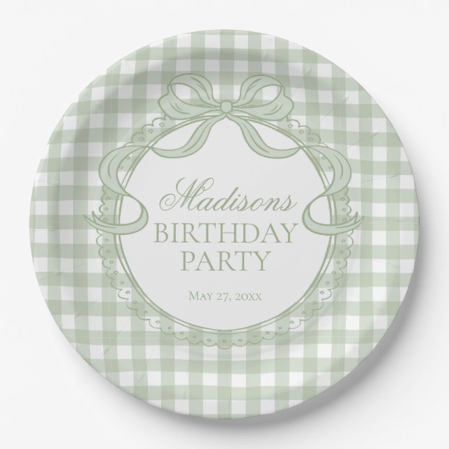 Prato De Papel Coquete Gingham Verde Laço Festa de Aniversário (Frente)