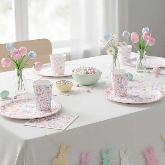 Prato De Papel Coquette Bunny & Pink Bows Easter Paper Plates (Whimsical watercolor bunnies & pink bows: a chic, coquette-inspired collection for a dreamy Easter.)