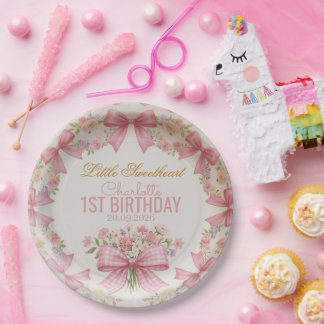 Prato De Papel Coquette Floral Pink Bow 1º Aniversário Personaliz