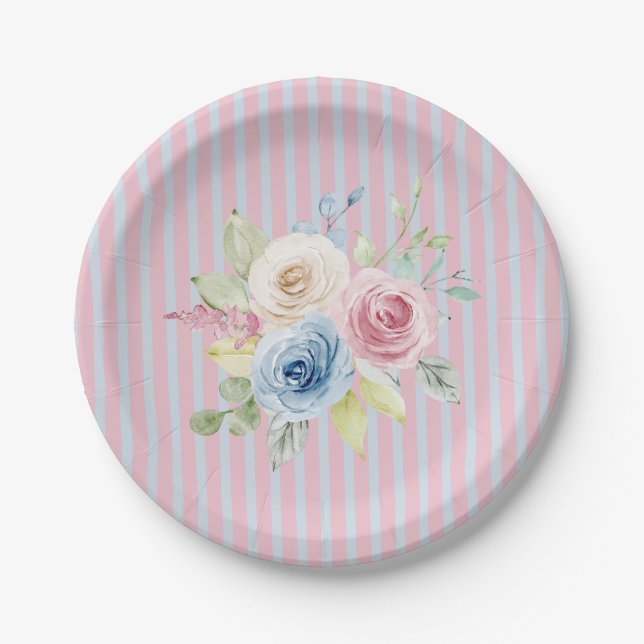Prato De Papel Coquette floral rosa azul  (Frente)