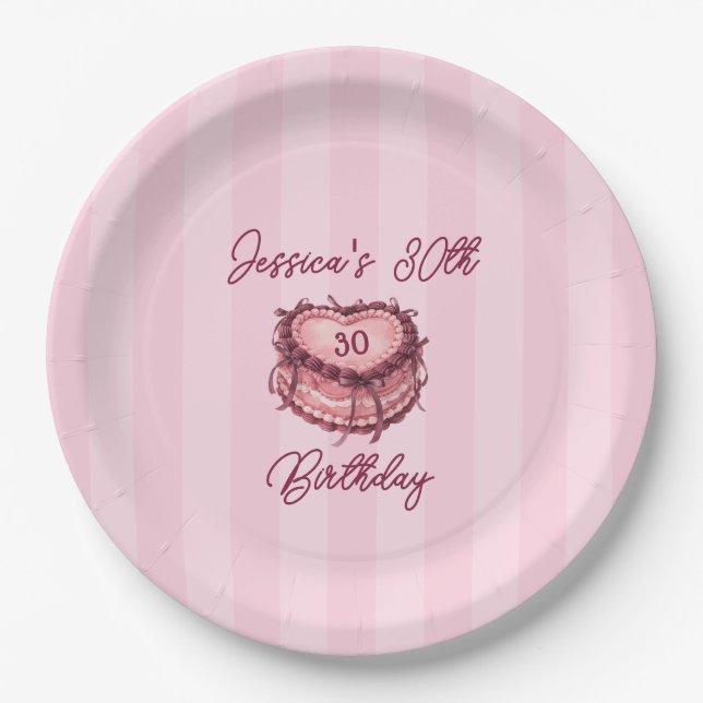 Prato De Papel Coquette Heart Birthday Cake Paper Plate (Frente)