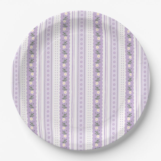 Prato De Papel Coquette Lavender Scallop Floral Stripe (Frente)