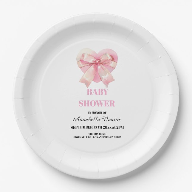 Prato De Papel Coquette Pink Bow Ribbon Girl Baby Shower (Frente)