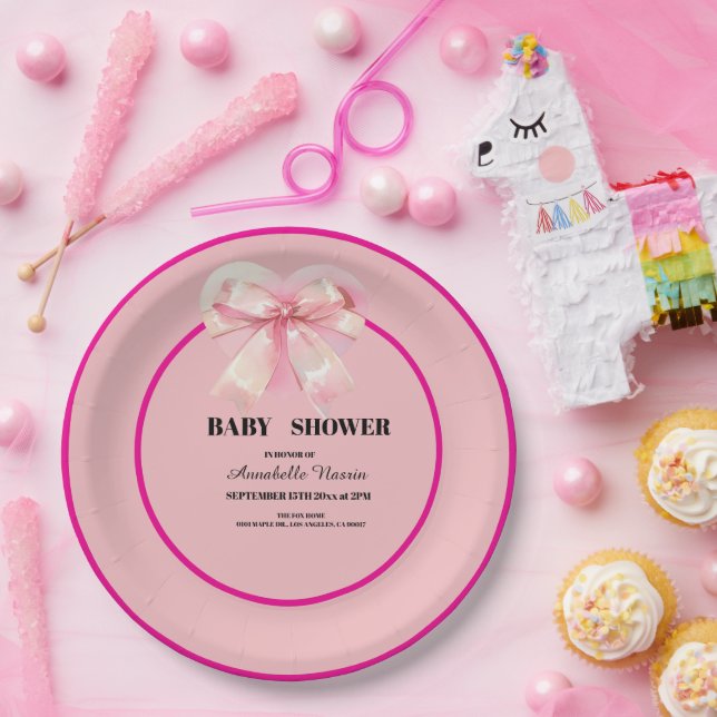 Prato De Papel Coquette Pink Bow Ribbon Girl Baby Shower (Festa)