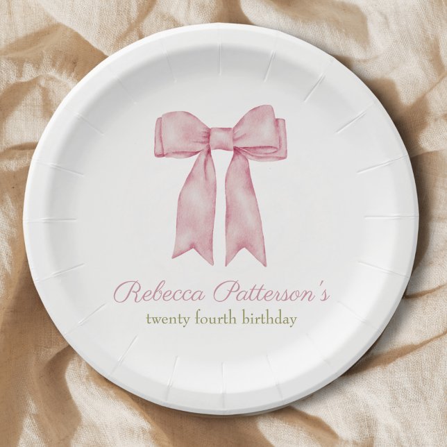 Prato De Papel Coquette Pink Watercolor Arco Festa Feminina (coquette aesthetic pink bow party paper plate personalized party supplies tea party cute feminine )