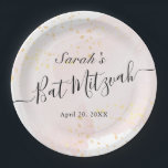Prato De Papel Cor da Água Rosa x Bat Dourado Mitzvah<br><div class="desc">Esta placa de papel chic e elegante do morcego mitzvah apresenta um fundo branco com pincéis roxos cor-de-rosa pincelados em aquarela e dourados falsos. Personalize-o para as suas necessidades. Você pode encontrar mais produtos correspondentes na minha loja.</div>