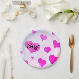 Prato De Papel Cor d'água rosa corações Nomes personalizados de C