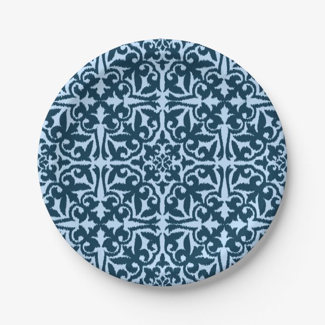 Prato De Papel Cor damasco Ikat - Índio escuro e azul claro (Frente)