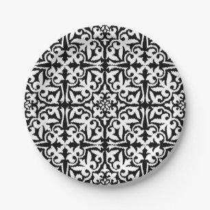 Prato De Papel Cor damasco Ikat - Preto e Branco