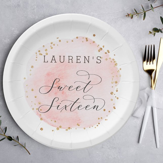 Prato De Papel Cor de água rosa e Dourada, doce 16 (Criador carregado)