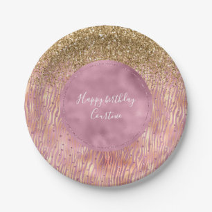 Prato De Papel Cor-de-rosa Glitzy Dourada Glitter Sparkle Zebra I