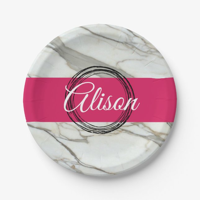 Prato De Papel Cor-de-rosa-mármore branco personalizado (Frente)