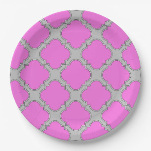 Prato De Papel Cor-de-rosa-quatrefoil e cinzas